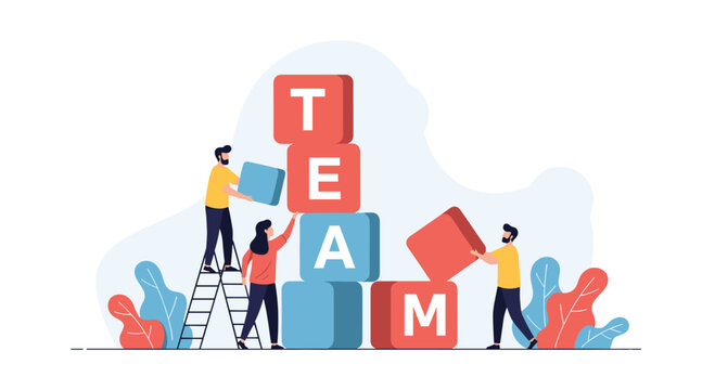 People building word team with blocks on white background.