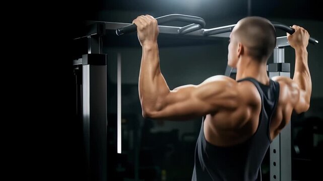 Muscular man doing pull-ups in a dark gym. Athlete performing a strength training workout for his back muscles. Bodybuilding and fitness concept with copy space