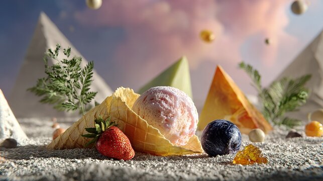 surreal composition featuring ice cream cone with strawberry and blueberry elements amidst abstract geometric shapes and foliage under twilight sky - Powered by Adobe