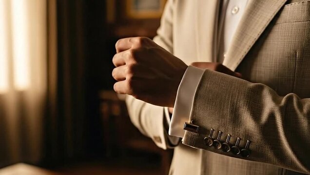 Close-up of a person adjusting their cufflinks while wearing a tailored suit, warm lighting