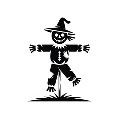 Spooky black silhouette scarecrow with hat and grinning face