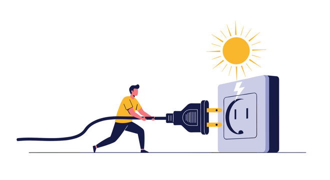 Person connecting a solar powered plug to a wall socket.