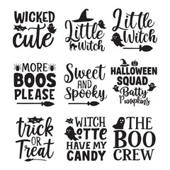 Collection of nine halloween themed phrases and sayings with spooky illustrations and witch hats