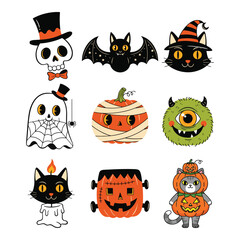 Collection of cute and spooky hand drawn halloween characters and symbols