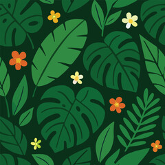 Tropical Forest Seamless Pattern with Monstera and Flowers