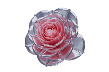 Elegant pink rose encased in clear crystal petals isolated on transparent background