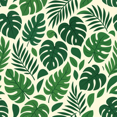Tropical Leaves and Monstera Seamless Pattern