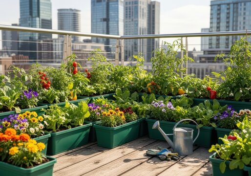 Urban rooftop garden with vegetables, herbs, and flowers in containers - Powered by Adobe