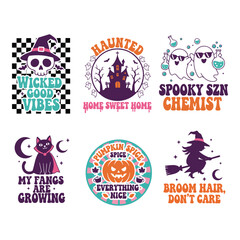 Collection of six cute and spooky halloween themed graphic designs with text and illustrations
