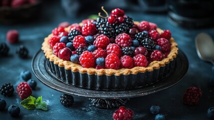 Close-up of a fresh fruit pie in bright colors with raspberries and blueberries.
