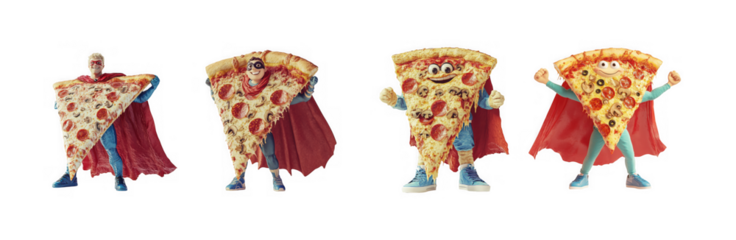 Four pizza slices dressed as superheroes with red capes, standing against a transparent background, isolated on transparent background