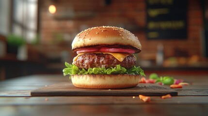Close-up of a burger, emphasizing colors and presentation.