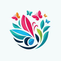 Vibrant Floral Design with Butterflies and Colorful Leaves in Circular Arrangement.