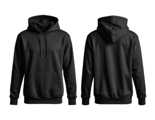 Minimalist Black Pullover Hoodie Front and Back Mockup – Studio Flat Lay PNG