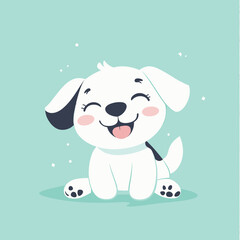 Fototapeta premium Happy cute white puppy dog with black spot on ear and tail sitting smiling with tongue out on blue background cartoon vector illustration