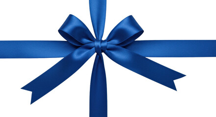 Pristine sapphire blue satin ribbon tied into an elegant, symmetrical bow with crisp edges and flowing tails, isolated on a seamless transparent background, commercial luxury product concept