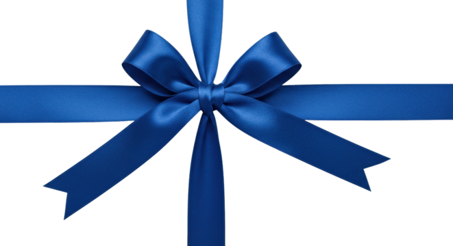 Pristine sapphire blue satin ribbon tied into an elegant, symmetrical bow with crisp edges and flowing tails, isolated on a seamless transparent background, commercial luxury product concept
