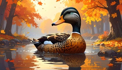 Mallard duck swims peacefully in autumn-colored forest water