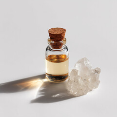 Glass bottle with amber oil and quartz crystal