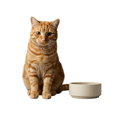 Adult ginger tabby cat, centered, orange striped fur, paws on edge, with a minimalist ceramic bowl on a pristine transparent background, clean commercial pet concept