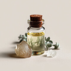 Small glass bottle with oil and crystals