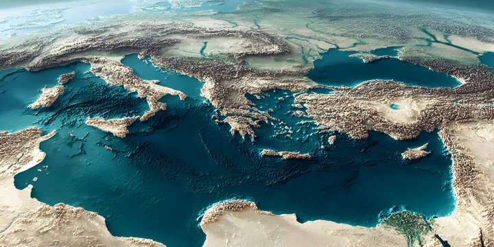Stunning aerial view of the mediterranean sea and surrounding continents illuminated by city lights