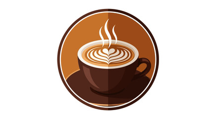 A steaming cup of coffee with heart-shaped latte art in a circular brown logo.