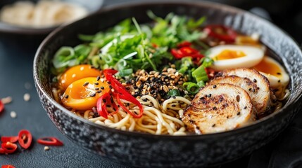 A close-up of a plate of ramen with a demonstration of noodles and toppings.