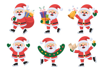Fototapeta premium Collection of six cheerful cartoon santas in various poses and actions