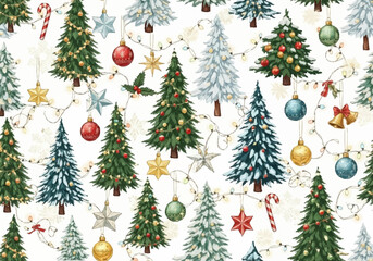 Festive Christmas Trees and Ornaments Pattern.