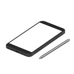 Close-up of a matte black modern smartphone with a transparent blank screen and silver stylus on a transparent studio background, modern technology elegance