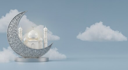 Eid al adha mubarak. Silver crescent moon with mosque on a podium against a cloudy sky.