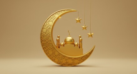 Golden crescent moon with mosque and hanging stars on beige background for islamic holiday.