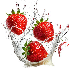 Strawberries splash! Sweet red fruit in water, refreshing and delicious