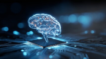 Futuristic digital brain illustration on microchip with glowing circuits and technology elements