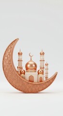 Crescent moon and mosque with golden dome on white background. Islamic design concept.