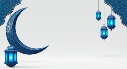 Blue crescent moon and lanterns with islamic geometric pattern for muslim holiday concept.