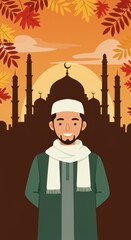 Muslim man in traditional dress with mosque silhouette and autumn leaves, festive background.