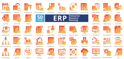 Enterprise Resource Planning glyph gradient style contains 50 icons including human resources, employee database, payroll processing, attendance tracking, recruitment, training module simple vector 
