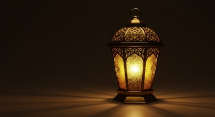 Ramadan lantern glowing with intricate design, casting warm light and shadows on surface.