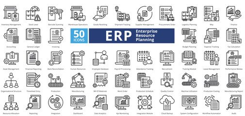Enterprise Resource Planning outline contains 50 icons including performance review, organizational structure, timesheet entry, production, manufacturing simple vector 