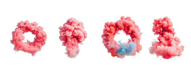Four abstract pink and blue smoke clouds exploding and swirling, isolated on transparent background