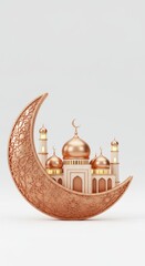 Crescent moon with mosque. Islamic design element for muslim holiday. Eid mubarak concept.