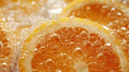 Orange slices dripping with water, showing bubbles and beads of liquid on the surface.