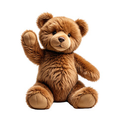 Cute, fluffy teddy bear sitting with paw raised in a friendly greeting
