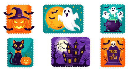 This spooky Halloween illustration set captures the essence of the holiday with iconic symbols like Jack-o'-lanterns, ghosts, black cats, haunted houses, and graveyard scenes