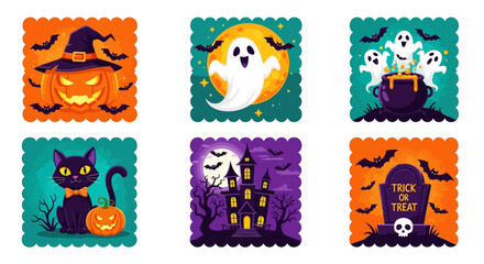 This spooky Halloween illustration set captures the essence of the holiday with iconic symbols like Jack-o'-lanterns, ghosts, black cats, haunted houses, and graveyard scenes