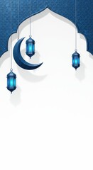 Blue islamic arch with crescent moon and hanging lanterns against a white background.