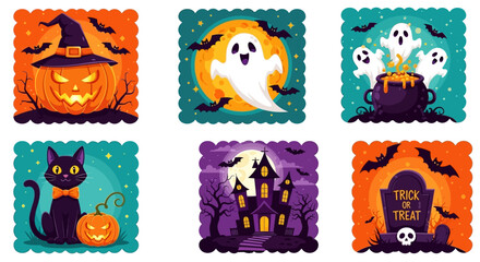 This spooky Halloween illustration set captures the essence of the holiday with iconic symbols like Jack-o'-lanterns, ghosts, black cats, haunted houses, and graveyard scenes