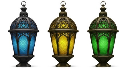 Ramadan lanterns with blue, yellow, and green light isolated on a white background. Festive design.